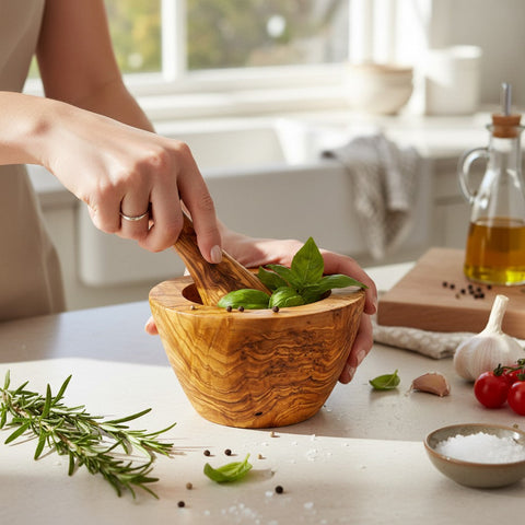 Artisan Olive Wood Mortar and Pestle Set – Hand-Carved Natural Spice Grinder & Herb Crusher – Rustic Kitchen Essential (Sizes 8cm to 16cm)