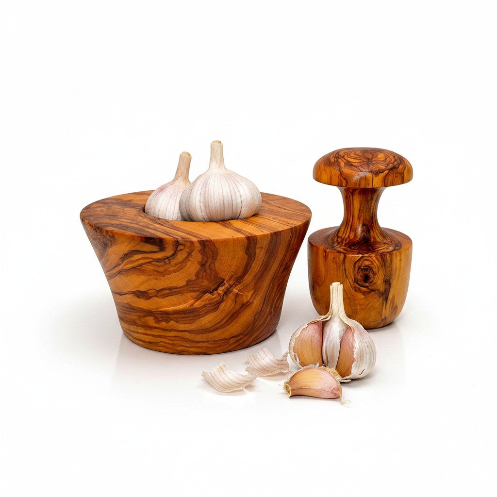 Handmade Olive Wood Large Mortar and Pestle Set | Wide Deep Garlic Spice & Herb Grinder with Mushroom Pestle | Unique Natural Grain | 12–16 cm