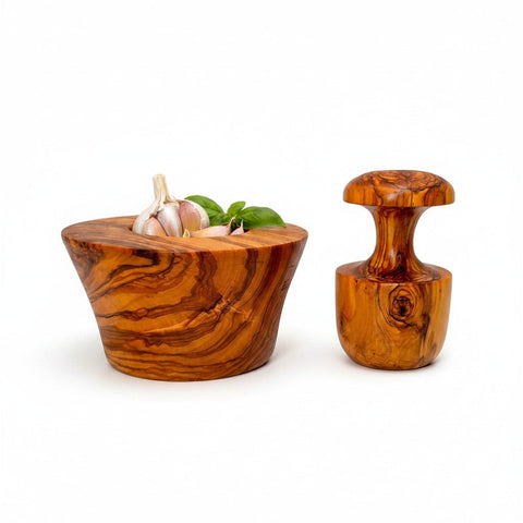 Handmade Olive Wood Large Mortar and Pestle Set | Wide Deep Garlic Spice & Herb Grinder with Mushroom Pestle | Unique Natural Grain | 12–16 cm