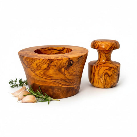 Handmade Olive Wood Large Mortar and Pestle Set | Wide Deep Garlic Spice & Herb Grinder with Mushroom Pestle | Unique Natural Grain | 12–16 cm