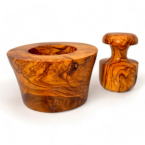 Handmade Olive Wood Large Mortar and Pestle Set | Wide Deep Garlic Spice & Herb Grinder with Mushroom Pestle | Unique Natural Grain | 12–16 cm