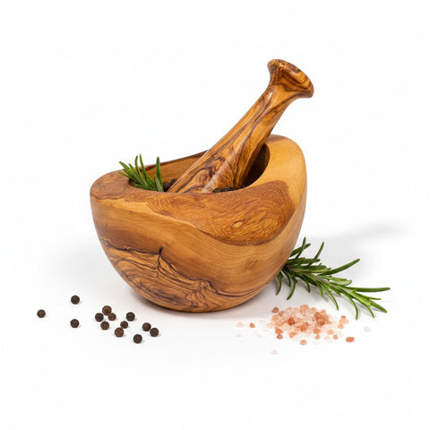 Handmade Olive Wood Square-Top Mortar and Pestle Set | Deep Herb Spice Garlic & Pesto Grinder | Unique Natural Grain | 8–16 cm