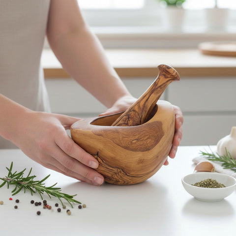 Handmade Olive Wood Square-Top Mortar and Pestle Set | Deep Herb Spice Garlic & Pesto Grinder | Unique Natural Grain | 8–16 cm