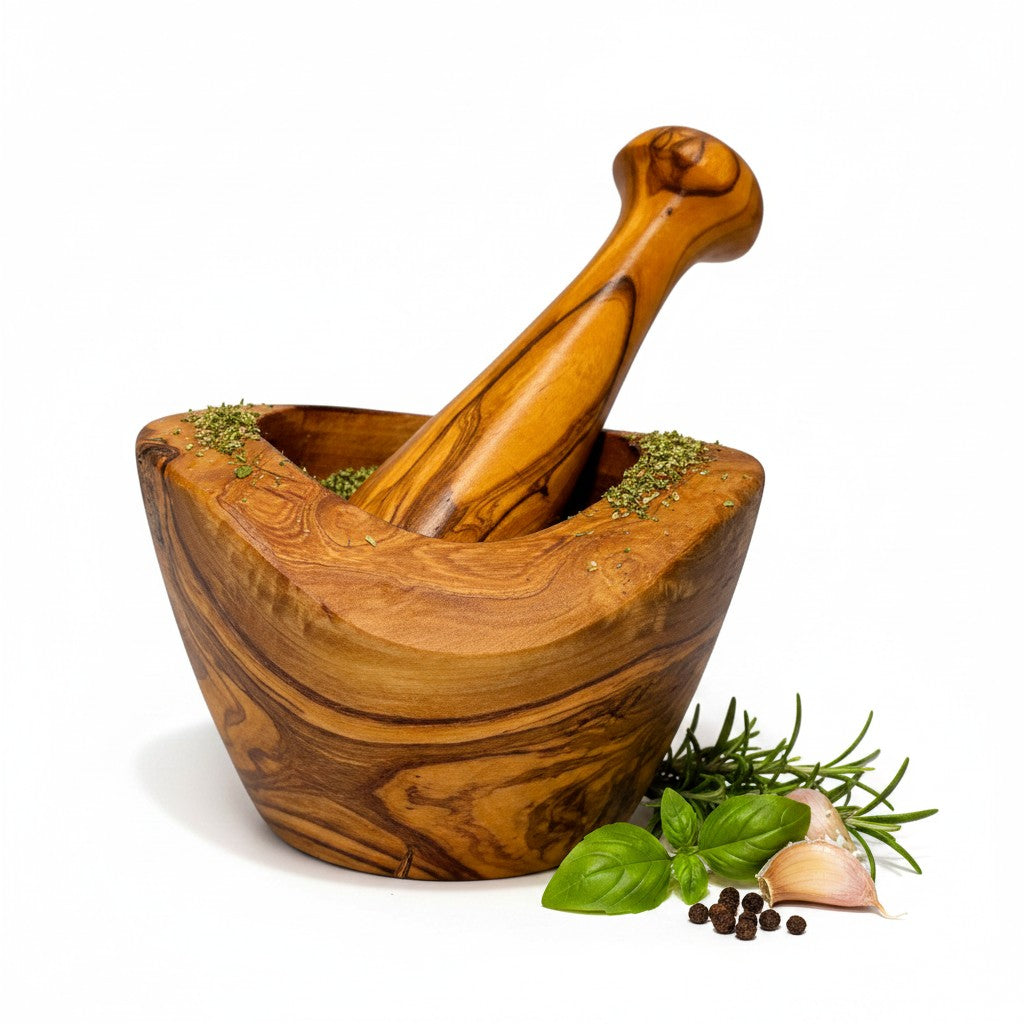 Handmade Olive Wood Square-Top Mortar and Pestle Set | Deep Herb Spice Garlic & Pesto Grinder | Unique Natural Grain | 8–16 cm