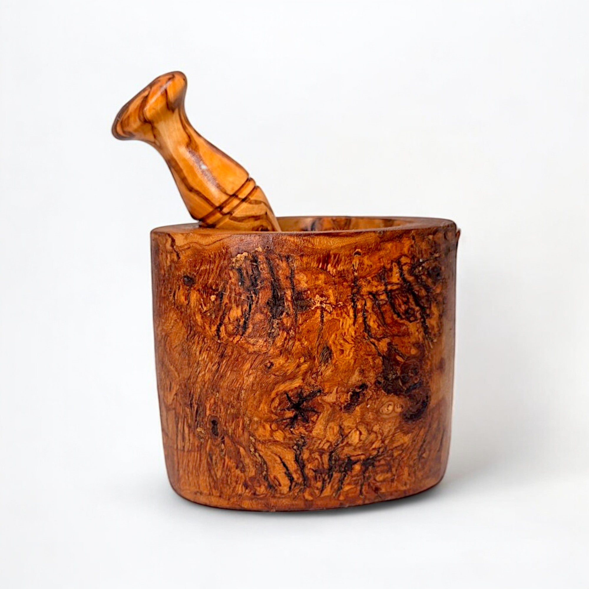 Handmade Olive Wood Burl Mortar and Pestle Set | Rare Cylindrical Spice Herb & Garlic Grinder | Extraordinary Natural Grain | 9–16 cm