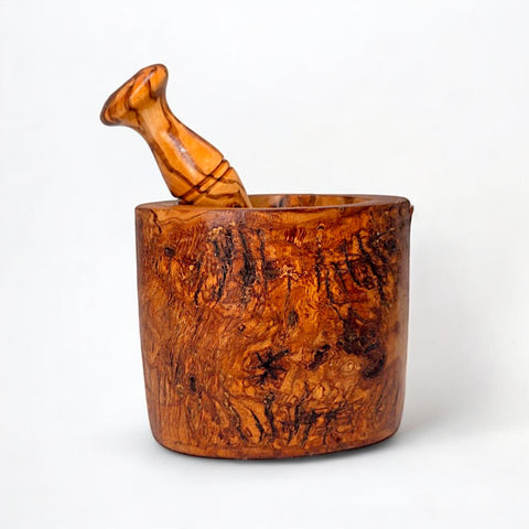 Handmade Olive Wood Burl Mortar and Pestle Set | Rare Cylindrical Spice Herb & Garlic Grinder | Extraordinary Natural Grain | 9–16 cm
