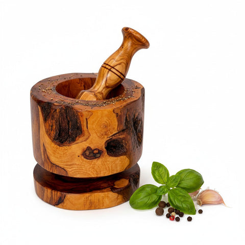Handmade Olive Wood Burl Mortar and Pestle with Separate Base | Premium Spice Herb Garlic & Pepper Grinder | Rare Natural Grain | 10–16 cm