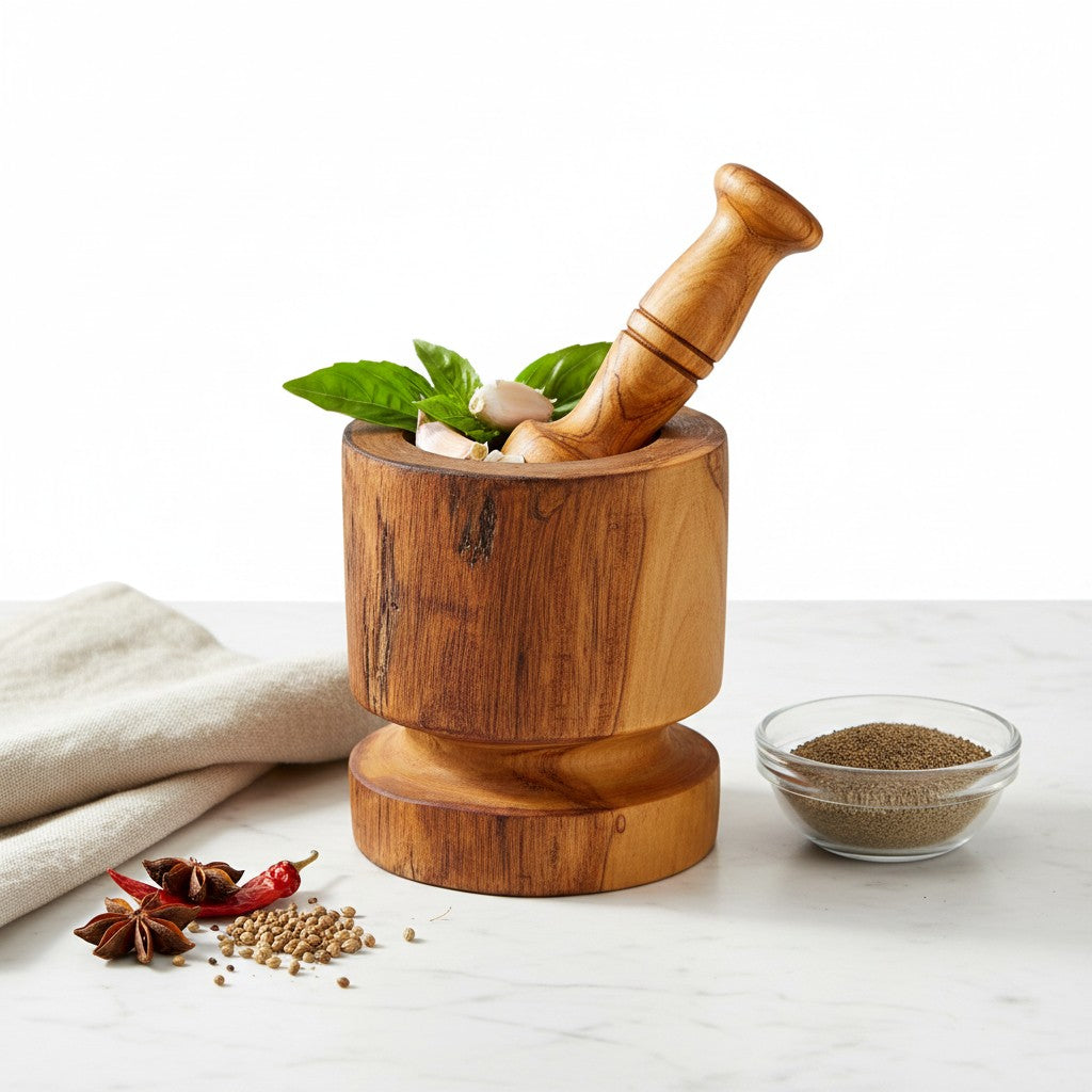 Handmade Olive Wood Burl Mortar and Pestle with Separate Base | Premium Spice Herb Garlic & Pepper Grinder | Rare Natural Grain | 10–16 cm