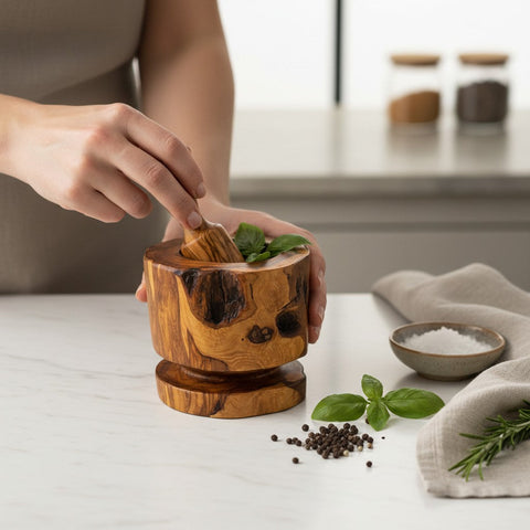 Handmade Olive Wood Burl Mortar and Pestle with Separate Base | Premium Spice Herb Garlic & Pepper Grinder | Rare Natural Grain | 10–16 cm