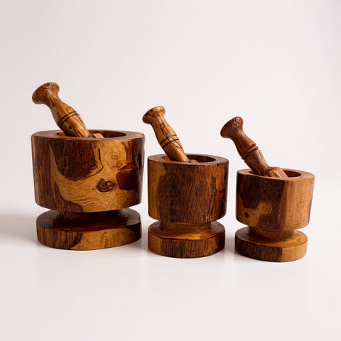 Handmade Olive Wood Burl Mortar and Pestle with Separate Base | Premium Spice Herb Garlic & Pepper Grinder | Rare Natural Grain | 10–16 cm