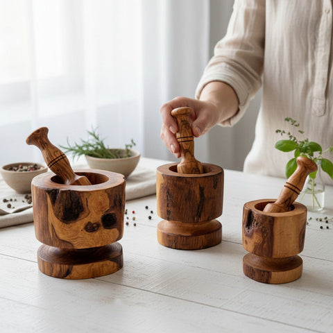 Handmade Olive Wood Burl Mortar and Pestle with Separate Base | Premium Spice Herb Garlic & Pepper Grinder | Rare Natural Grain | 10–16 cm