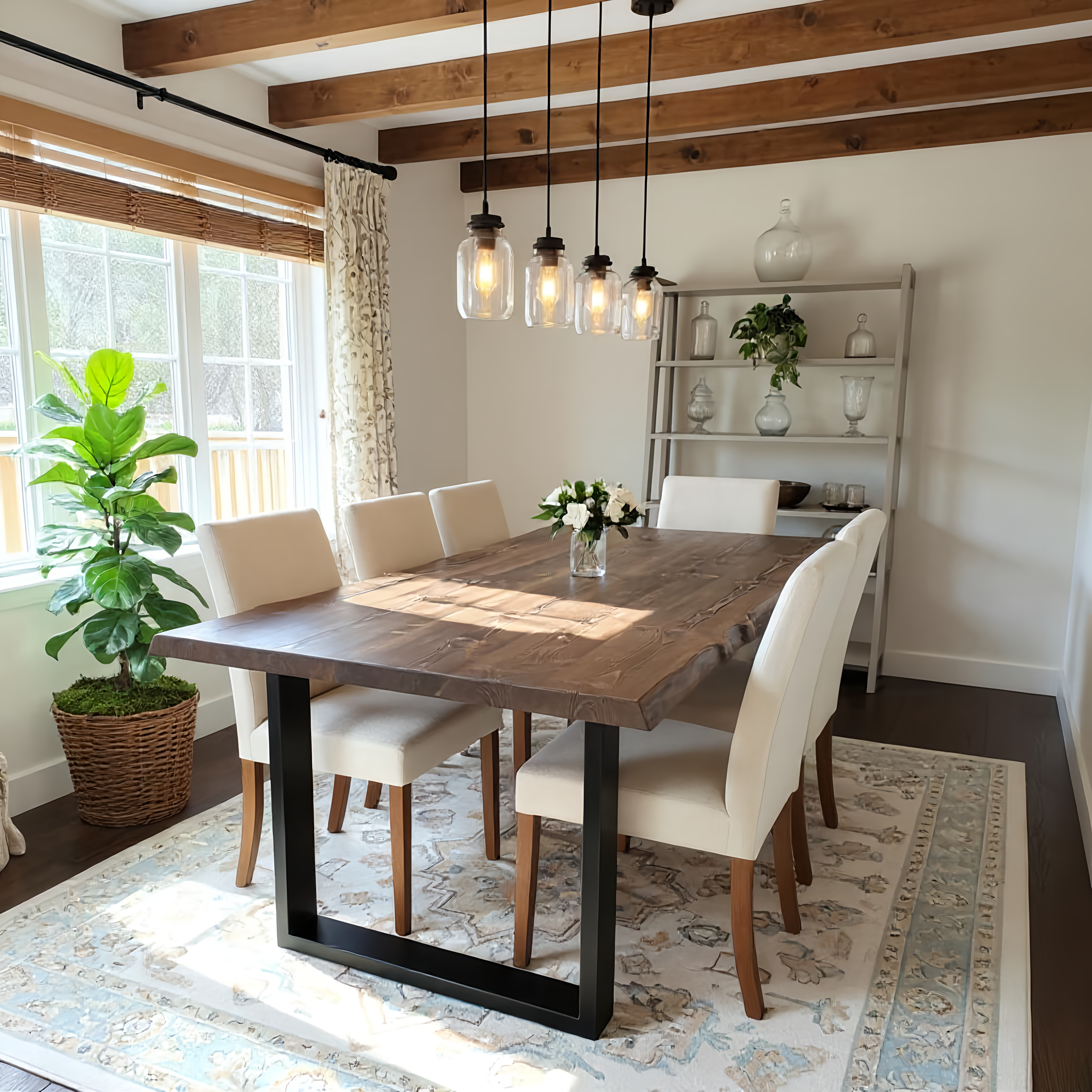 Live / Waney Walnut Colour Edge Dining Table With Metal Legs