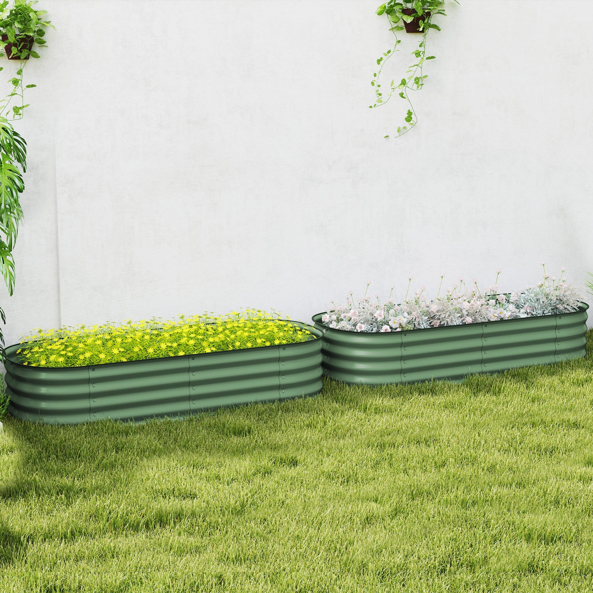 Outsunny Galvanised Raised Garden Bed, Metal Planter Box with Safety Edging, for Flowers, Herbs, Succulents, Pack of 2, Green