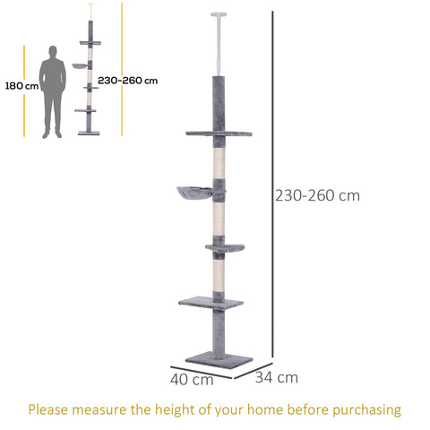 PawHut Floor to Ceiling Cat Tree for Indoor Cats 5-Tier Kitty Tower Climbing Activity Center Scratching Post Adjustable Height 230-260 cm Grey