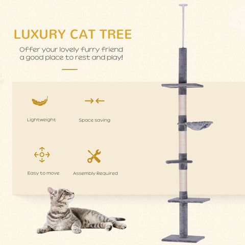 PawHut Floor to Ceiling Cat Tree for Indoor Cats 5-Tier Kitty Tower Climbing Activity Center Scratching Post Adjustable Height 230-260 cm Grey