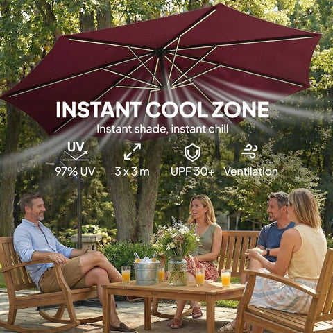 Outsunny 3 m Garden Cantilever Parasol with LED Solar Light, Round Overhanging Umbrella with 360° Rotation, Cover, Wine Red