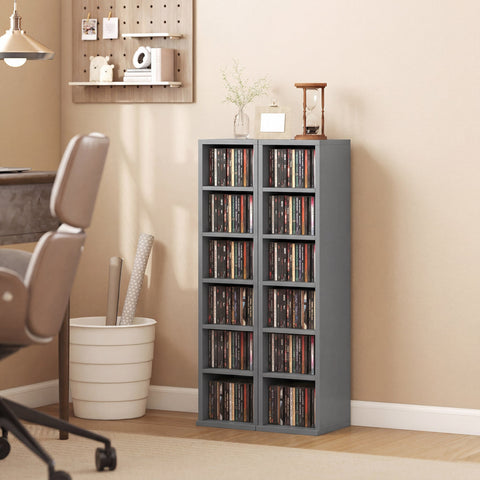HOMCOM Set of 2 CD Media Display Shelf Unit Tower Rack with Adjustable Shelves, Light Grey