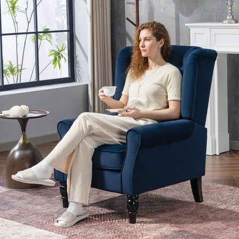 HOMCOM Wingback Accent Chair, Retro Upholstered Button Tufted Occasional Chair for Living Room and Bedroom, Dark Blue