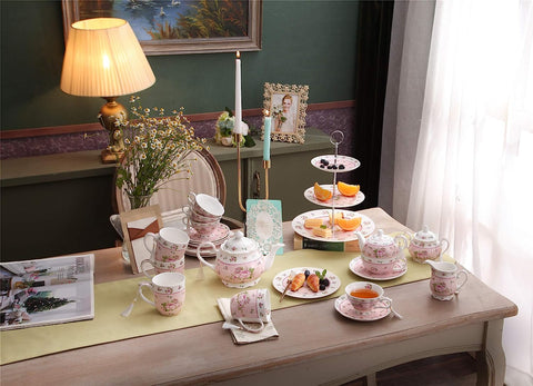 Mothers Day CoronationFamily Party Set Special 3 Tier Cake Stand Teapot Milk Jug 2 Cups 2 Saucers (Blue/ Pink)