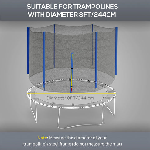 SPORTNOW 8ft Trampoline Net Replacement with 6 Plastic Pole Covers, Weather-Resistant Trampoline Netting Replacement with Zipped Entrance, Poles Not Included, Blue
