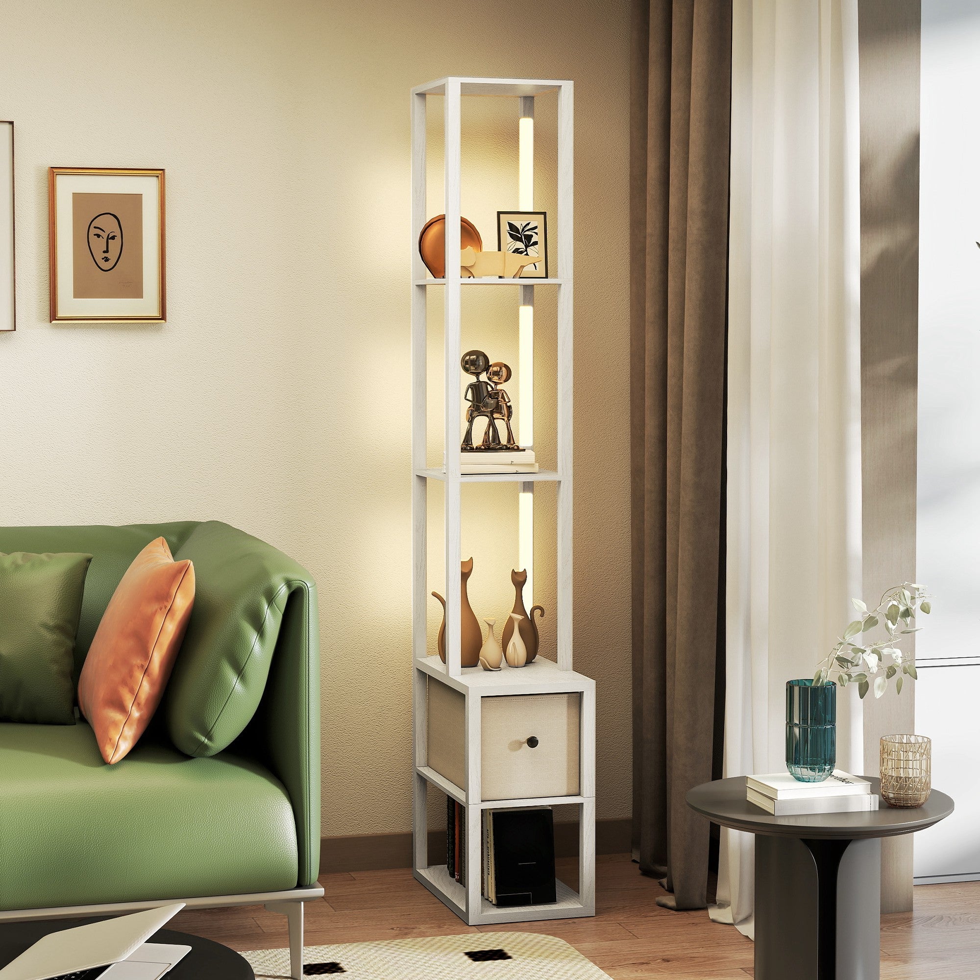 HOMCOM Floor Lamp with Shelves, LED Column Modern Standing Lamp with Fabric Drawer, Adjustable Brightness, Foot Switch for Living Room, Bedroom, Office, White