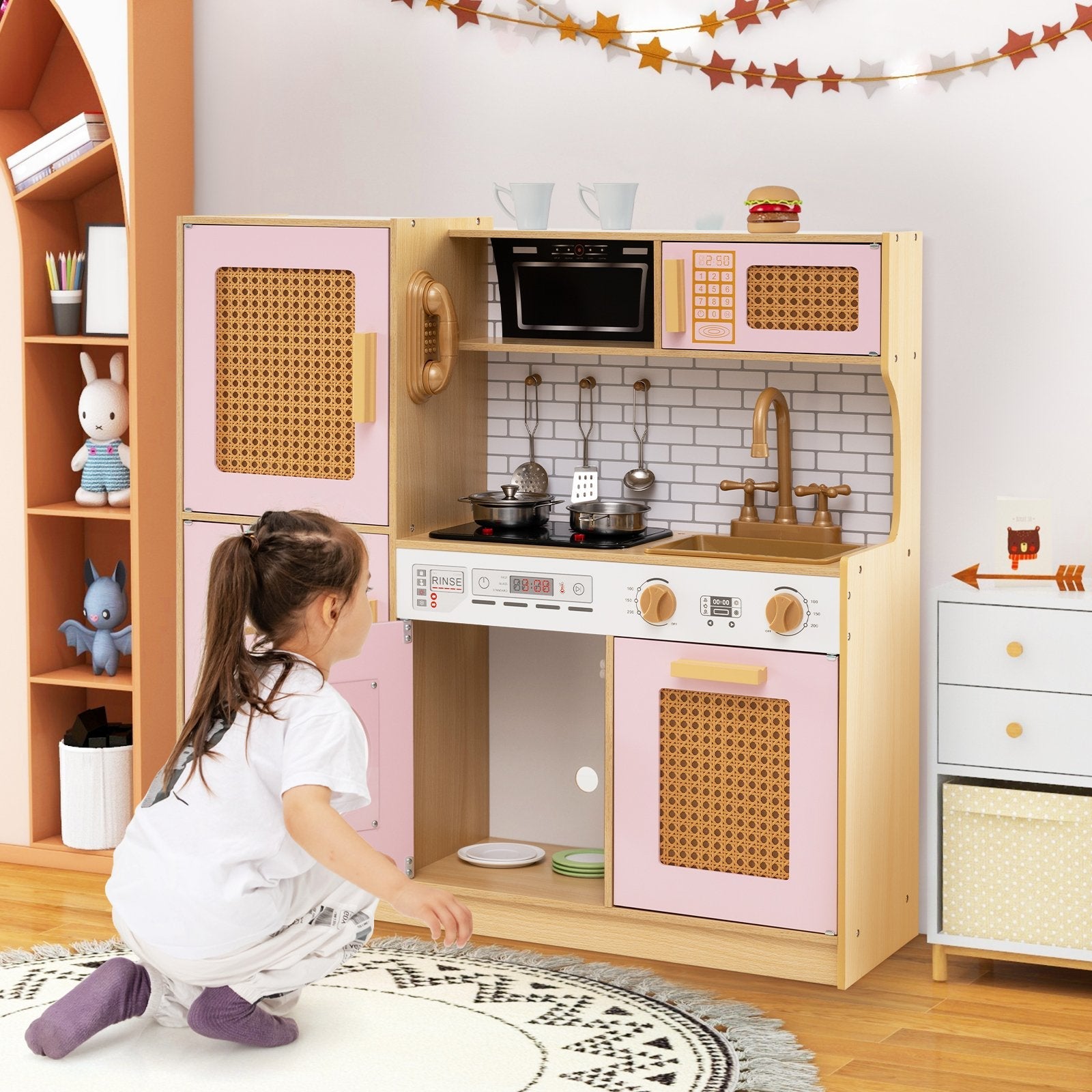 Wooden Kids Kitchen Playset with Real Sounds Lights Stove Water Dispenser-Yellow