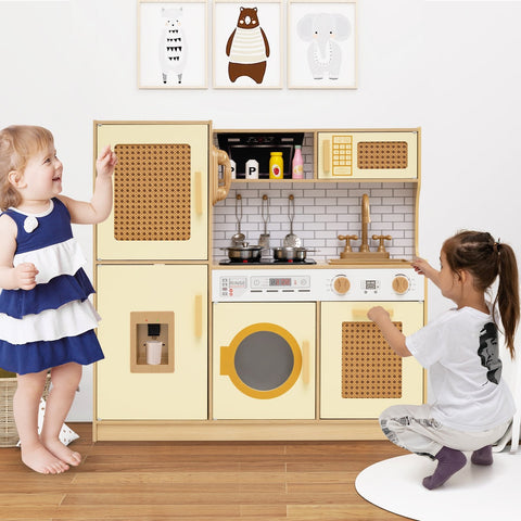 Wooden Kids Kitchen Playset with Real Sounds Lights Stove Water Dispenser-Yellow