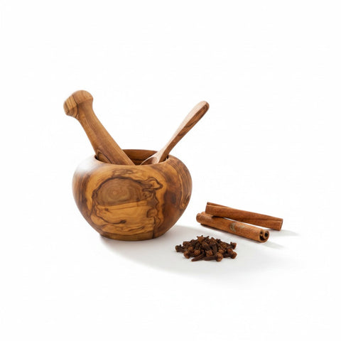 Handmade Olive Wood Round Mortar and Pestle Set | Hand-Turned Wooden Spice Herb Salt & Pepper Grinder | Unique Natural Grain | 8–16 cm