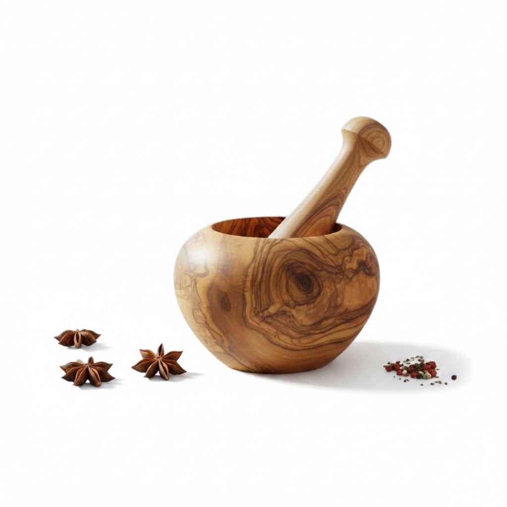 Handmade Olive Wood Round Mortar and Pestle Set | Hand-Turned Wooden Spice Herb Salt & Pepper Grinder | Unique Natural Grain | 8–16 cm