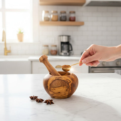 Handmade Olive Wood Round Mortar and Pestle Set | Hand-Turned Wooden Spice Herb Salt & Pepper Grinder | Unique Natural Grain | 8–16 cm