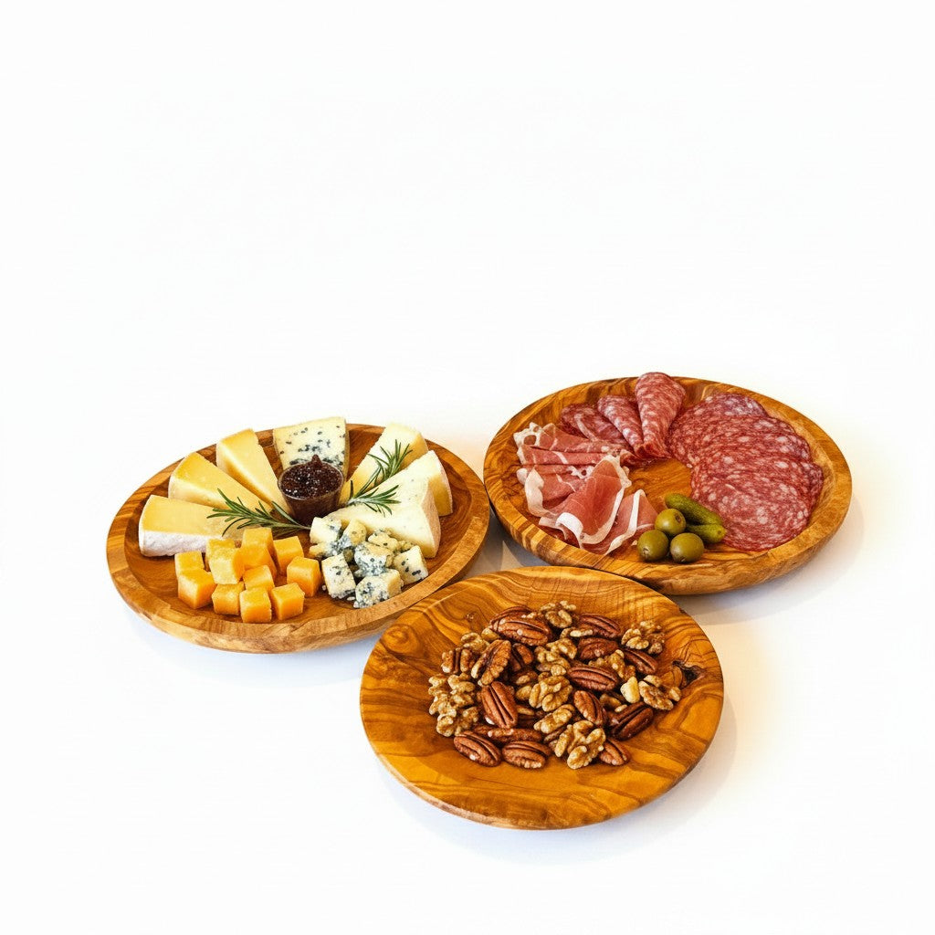 Olive Wood Round Serving Plates Set | 21cm 25cm 28cm Charcuterie Platter Dishes