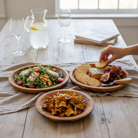 Olive Wood Round Serving Plates Set | 21cm 25cm 28cm Charcuterie Platter Dishes