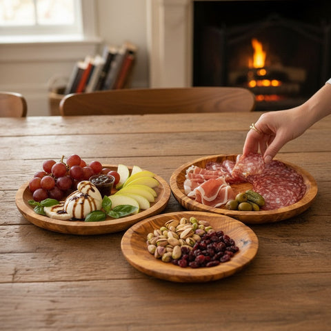 Olive Wood Round Serving Plates Set | 21cm 25cm 28cm Charcuterie Platter Dishes