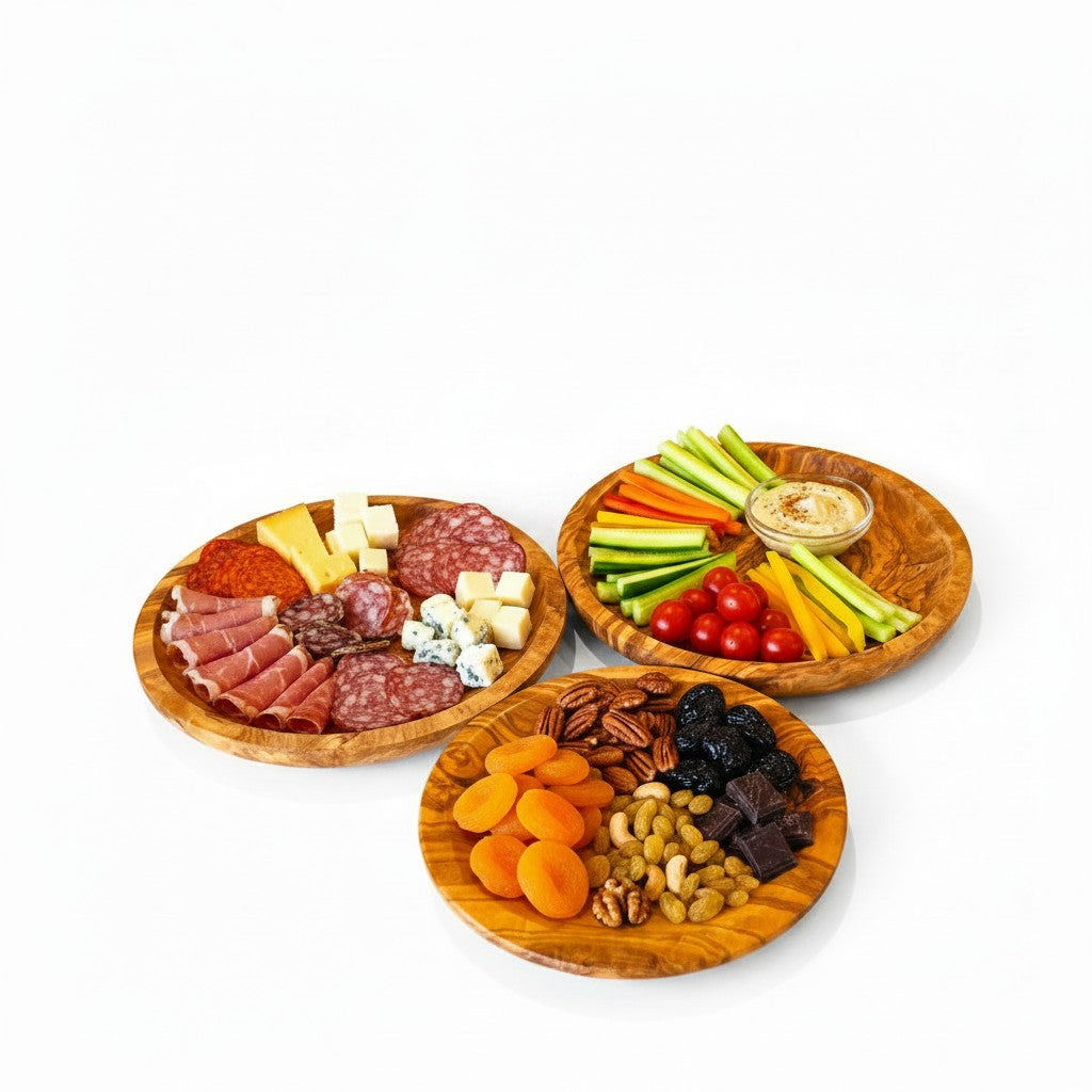 Olive Wood Round Serving Plates Set | 21cm 25cm 28cm Charcuterie Platter Dishes
