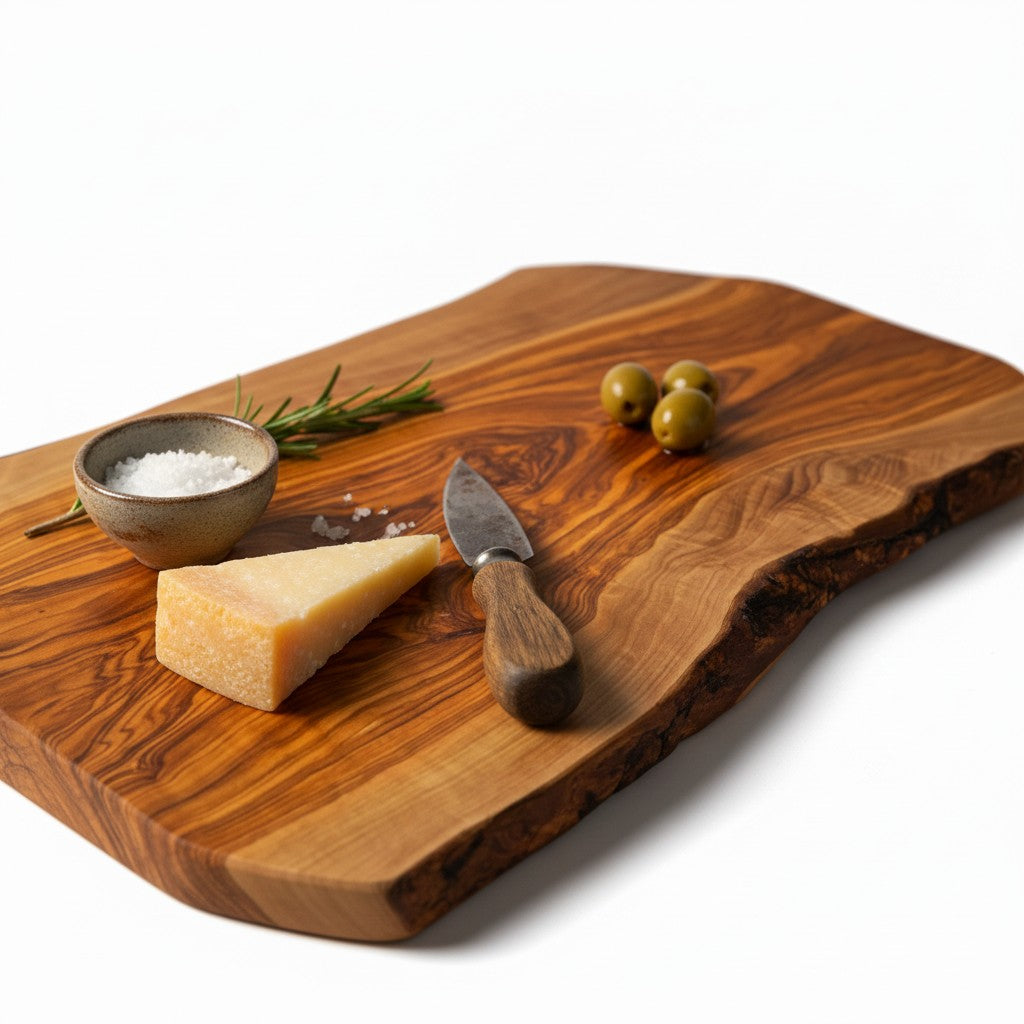 Handmade Olive Wood Live Edge Cutting Board — Rustic Charcuterie & Serving Board | Natural Bark Edge | Choose Your Size