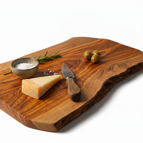 Handmade Olive Wood Live Edge Cutting Board — Rustic Charcuterie & Serving Board | Natural Bark Edge