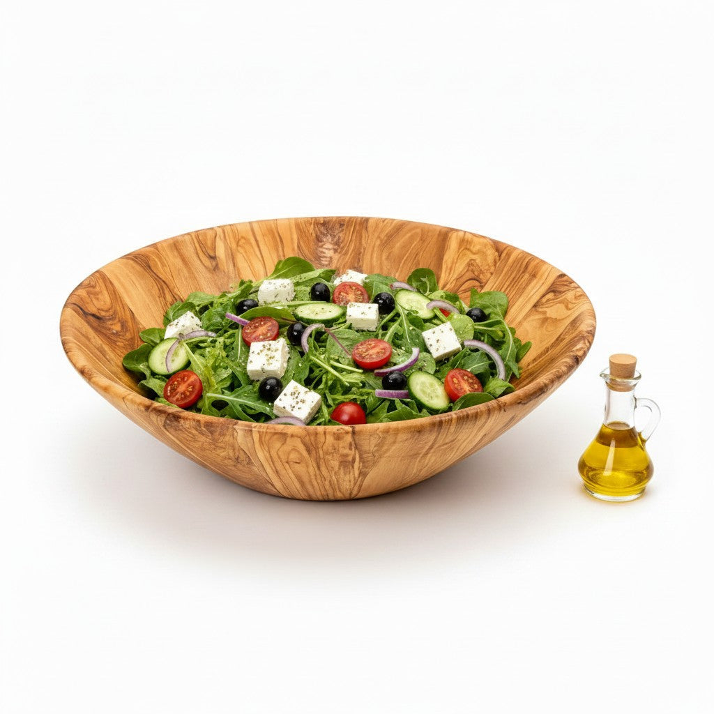 Handmade Olive Wood Large Salad Bowl | Deep Hand-Turned Wooden Fruit & Serving Bowl | Stunning Natural Grain | 35–45 cm