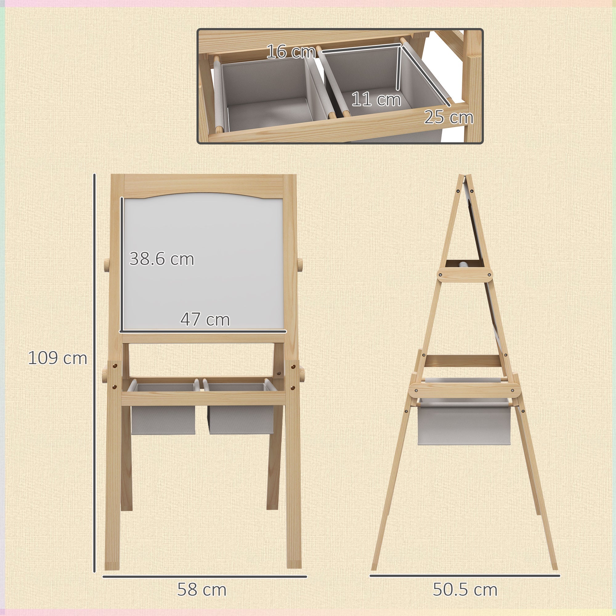 AIYAPLAY Kids Easel with Paper Roll, 3 in 1 Art Easel for Toddlers, Double-Sided Kids Whiteboard Blackboard with Storage Baskets for Ages 3-6 Years - Natural Wood Finish