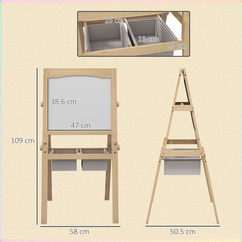 AIYAPLAY Kids Easel with Paper Roll, 3 in 1 Art Easel for Toddlers, Double-Sided Kids Whiteboard Blackboard with Storage Baskets for Ages 3-6 Years - Natural Wood Finish