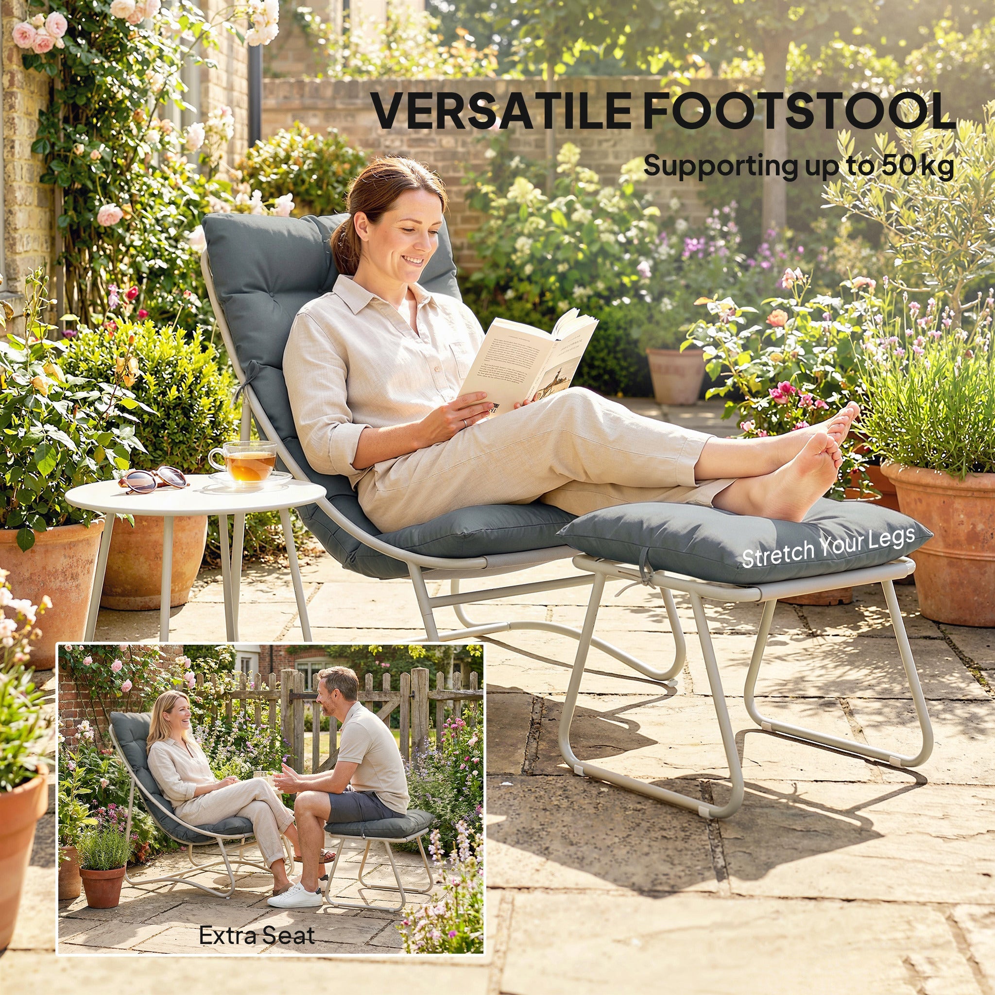 Outsunny Bistro Set for Garden, 3 Piece Outdoor Table and Chair with Footstool and Removable Cushions, Comfy Balcony Furniture