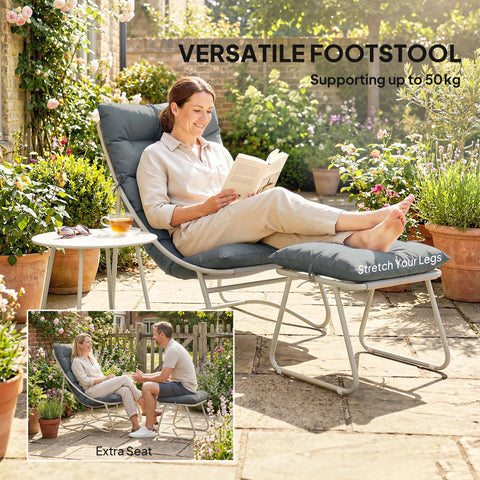 Outsunny Bistro Set for Garden, 3 Piece Outdoor Table and Chair with Footstool and Removable Cushions, Comfy Balcony Furniture