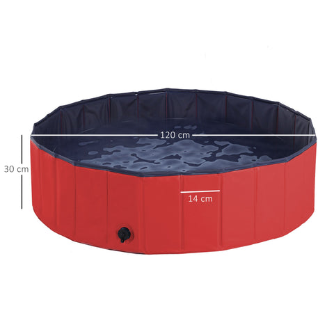 PawHut Foldable Dog Paddling Pool Pet Cat Swimming Pool Indoor/Outdoor Collapsible Summer Bathing Tub Shower Tub Puppy Washer (Φ120 × 30H cm, Red)