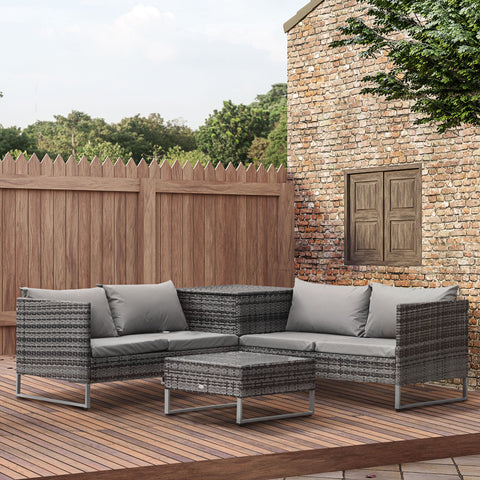 Outsunny 4 PCs Garden Rattan Wicker Outdoor Furniture Patio Corner Sofa Love Seat and Table Set  with Cushions Side Desk Storage - Mixed Grey