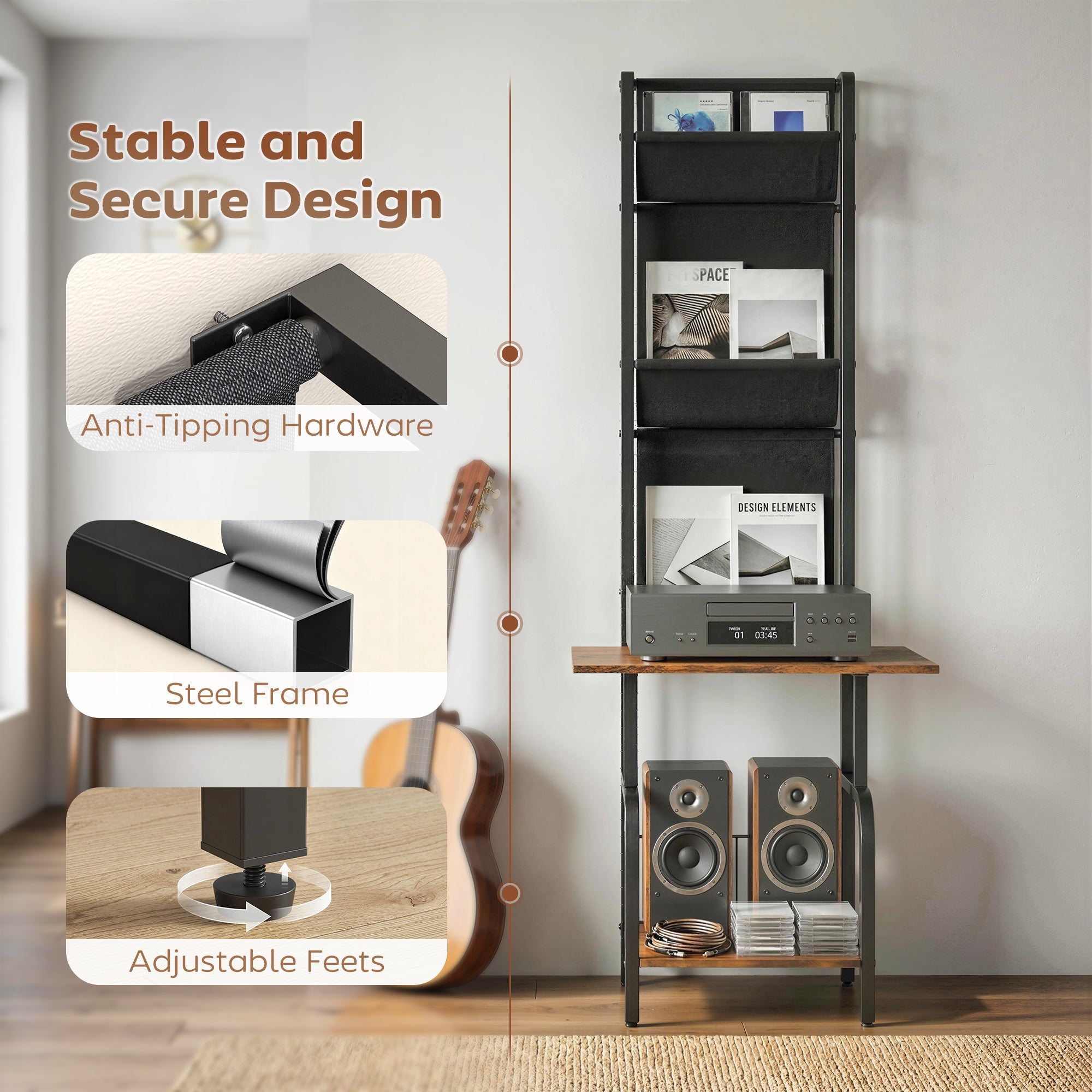 HOMCOM Vinyl Record Player Stand Record Storage with Player Stand Oxford Fabric Pockets Bottom Shelf Rustic Brown and Black