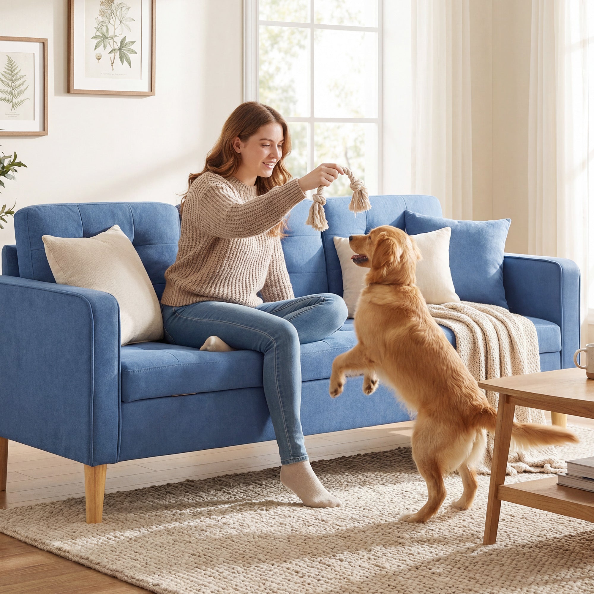 HOMCOM 3 Seater Sofa, 169cm Couch with Hidden Storage, Wood Legs, Blue