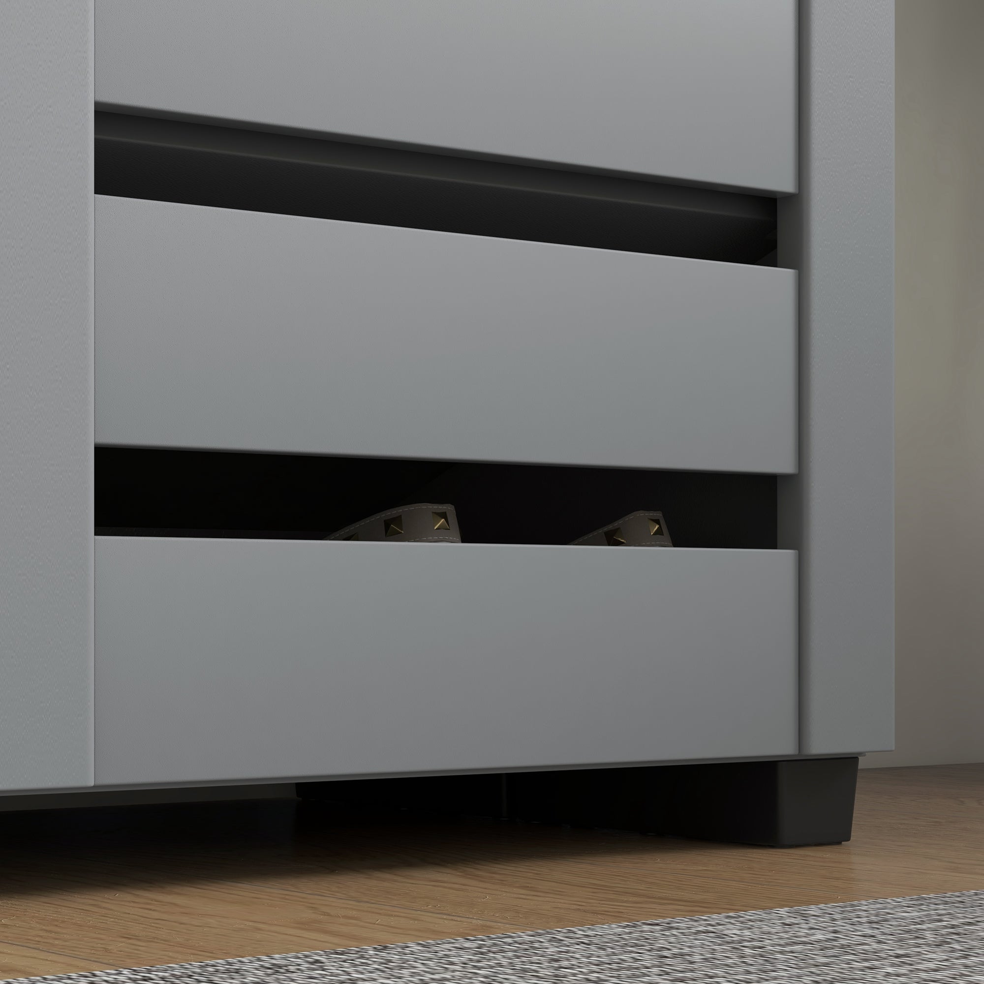 HOMCOM Narrow Shoe Cabinet for Entryway, 5-Tier Slim Shoe Storage Cabinet with 2 Slatted Doors and Adjustable Shelves Grey