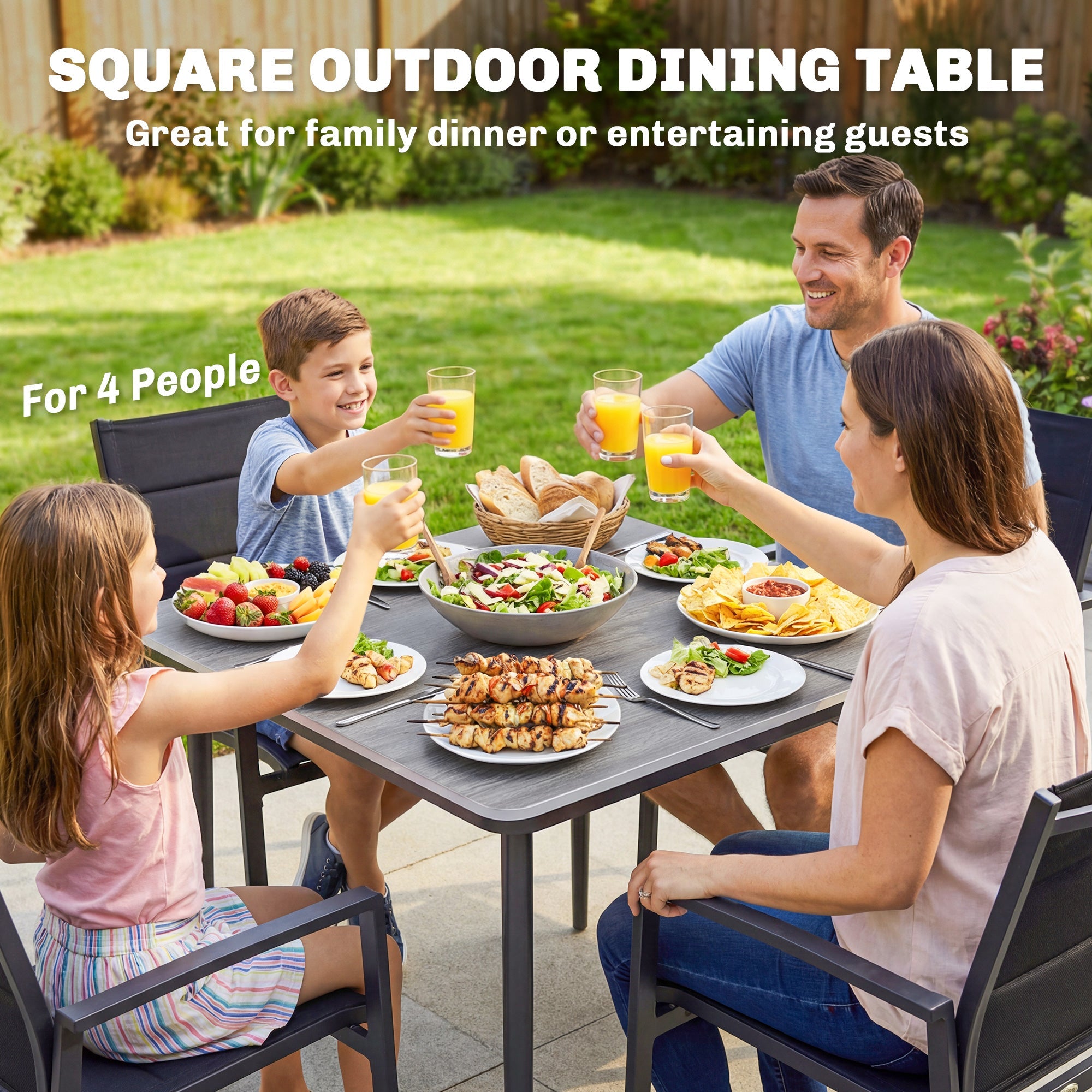 Outsunny Garden Dining Table for 4, 85 cm Square Outdoor Table with Umbrella Hole, Faux Wood Top, Metal Legs, Light Grey