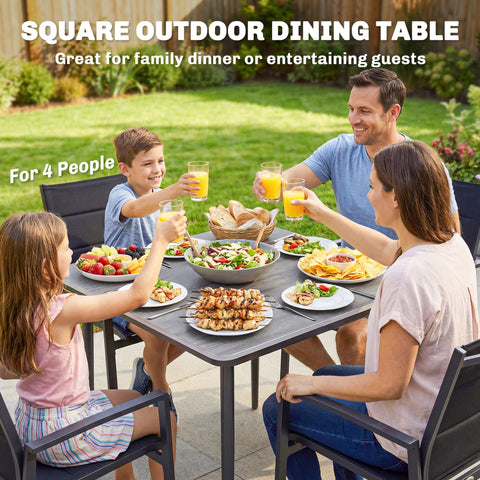 Outsunny Garden Dining Table for 4, 85 cm Square Outdoor Table with Umbrella Hole, Faux Wood Top, Metal Legs, Light Grey