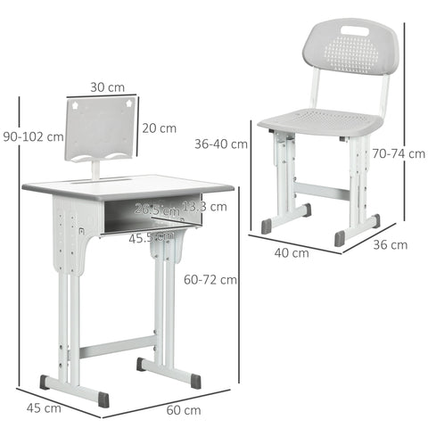 HOMCOM Kids Adjustable Desk and Chair Set, Book Stand, Pen Slot - Grey