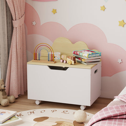 AIYAPLAY Toy Box with Lid, Toy Chest with Wheels and Safety Hinges, Toddler Storage Organiser for Playroom, Bedroom, White